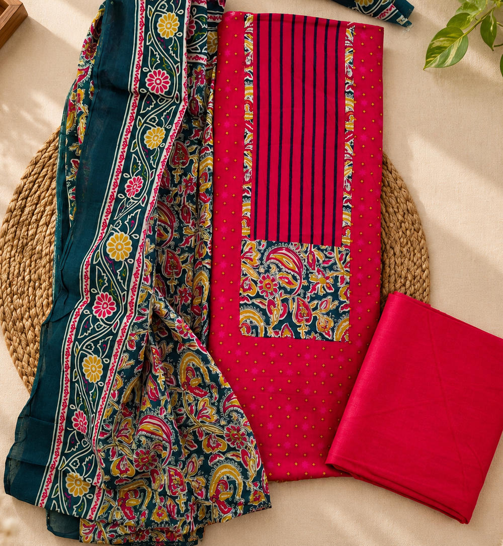 Magenta Kalamkari Print Cotton Three Piece