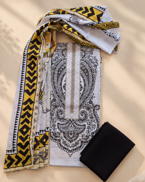 Yellow Geometric Floral Print Lawn Three Piece